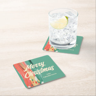 Abstract Modern Merry Christmas Personalised Name Square Paper Coaster