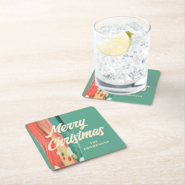 Abstract Modern Merry Christmas Personalised Name Square Paper Coaster (Insitu)