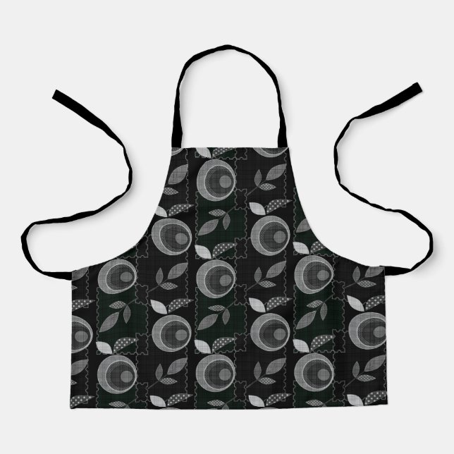 Abstract modern monochrome apple leaves black grey apron (Front)