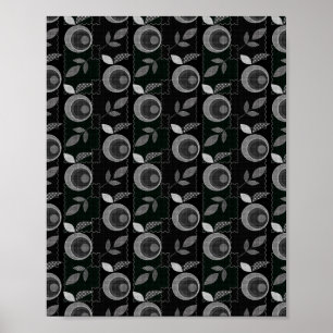 Abstract modern monochrome apple leaves black grey poster