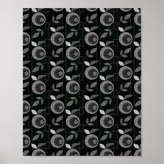 Abstract modern monochrome apple leaves black grey poster (Front)