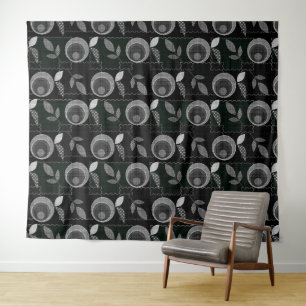 Abstract modern monochrome apple leaves black grey tapestry