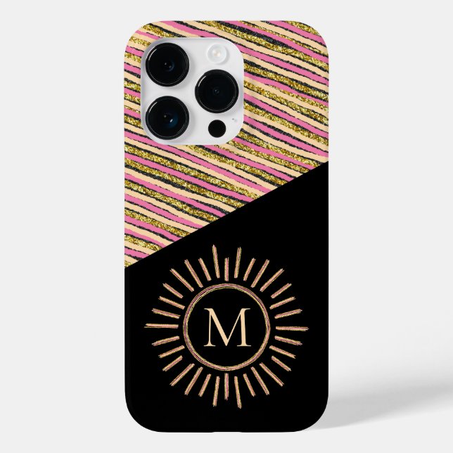 Abstract Modern Monogram Gold Pink Stripes Case-Mate iPhone Case (Back)