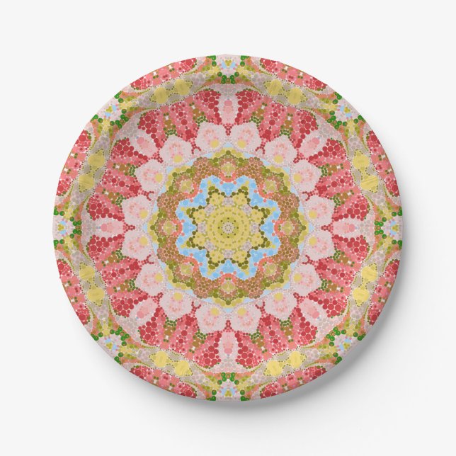 Abstract modern mosaic kaleidoscopic tile pattern paper plate (Front)