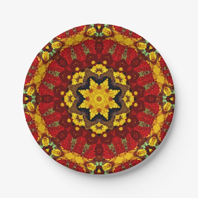 Abstract modern mosaic kaleidoscopic tile pattern paper plate (Front)