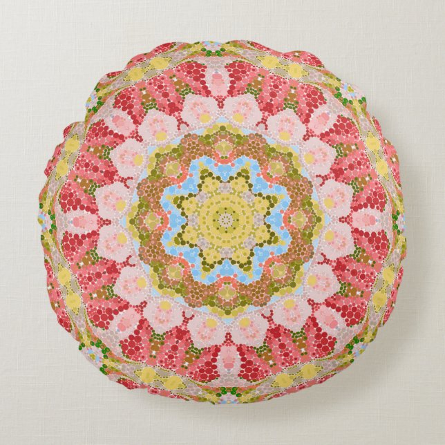Abstract modern mosaic kaleidoscopic tile pattern round cushion (Front)