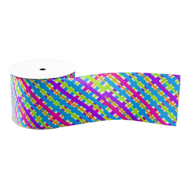 Abstract Modern Multicolor Neon Plaid Pattern Grosgrain Ribbon (Spool)
