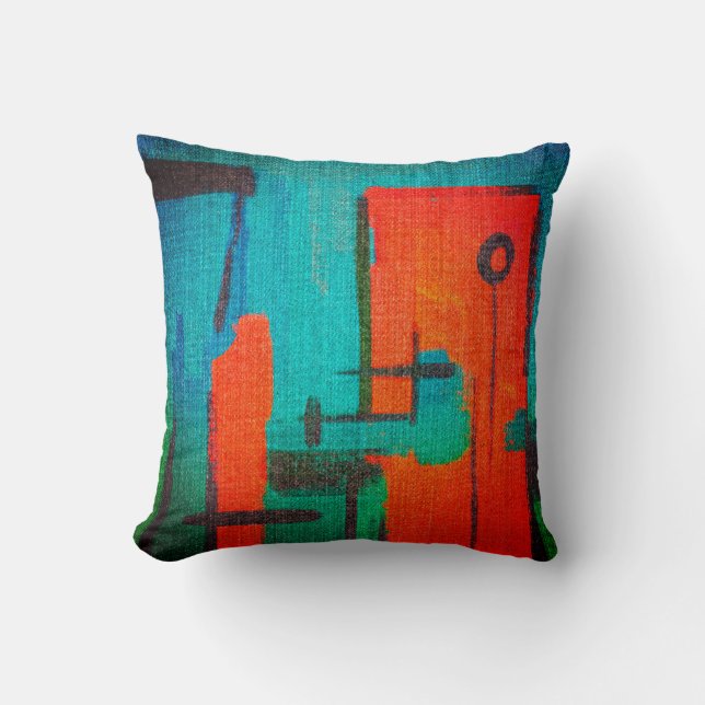 Abstract Modern Orange Blue Green Black Denim Cushion (Front)