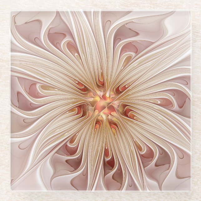 Abstract Modern Peach Pastel Flower Fractal Art Glass Coaster (Front)
