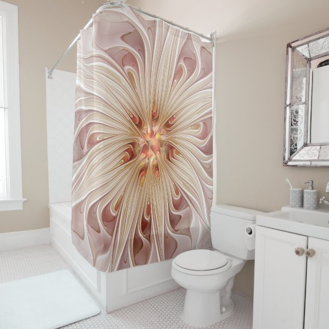 Abstract Modern Peach Pastel Flower Fractal Art Shower Curtain (In Situ)