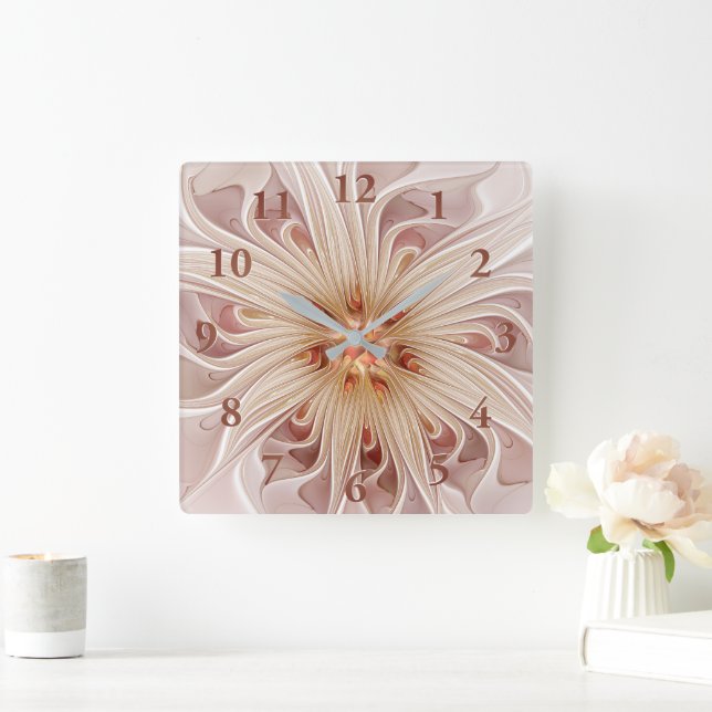 Abstract Modern Peach Pastel Flower Fractal Art Square Wall Clock (Home)