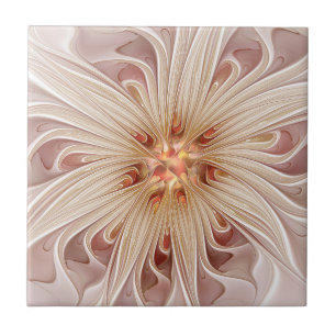 Abstract Modern Peach Pastel Flower Fractal Art Tile