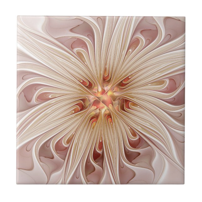 Abstract Modern Peach Pastel Flower Fractal Art Tile (Front)