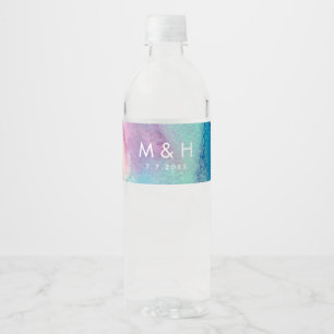 Abstract Modern Pink Blue Green Watercolor Wedding Water Bottle Label