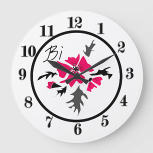Abstract modern pink flower grey leaves print whit large clock