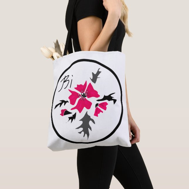 Abstract modern pink flower grey leaves print whit tote bag (Close Up)