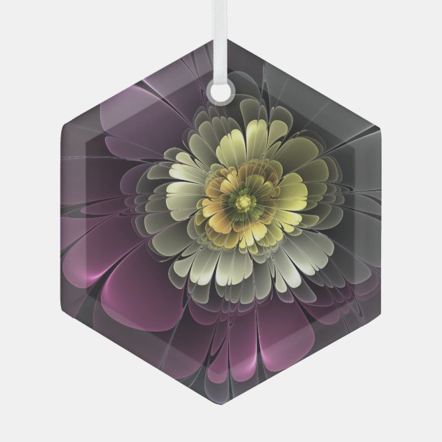 Abstract Modern Purpur Khaki Gray Fractal Flower Glass Tree Decoration (Front)
