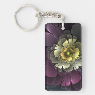 Abstract Modern Purpur Khaki Gray Fractal Flower Key Ring