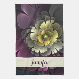 Abstract Modern Purpur Khaki Grey Flower Name Tea Towel