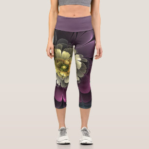 Abstract Modern Purpur Khaki Grey Fractal Flower Capri Leggings