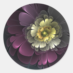 Abstract Modern Purpur Khaki Grey Fractal Flower Classic Round Sticker