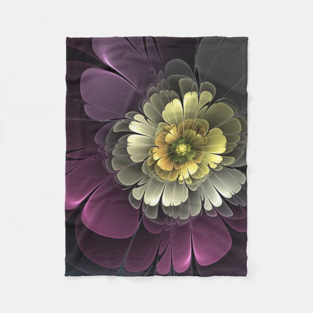 Abstract Modern Purpur Khaki Grey Fractal Flower Fleece Blanket (Front)