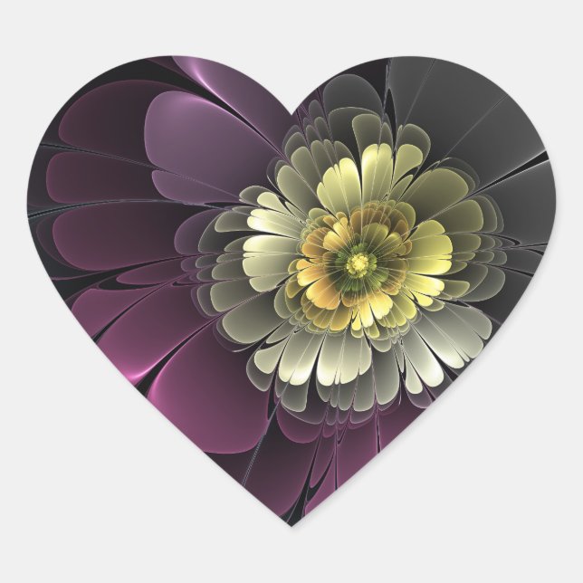 Abstract Modern Purpur Khaki Grey Fractal Flower Heart Sticker (Front)