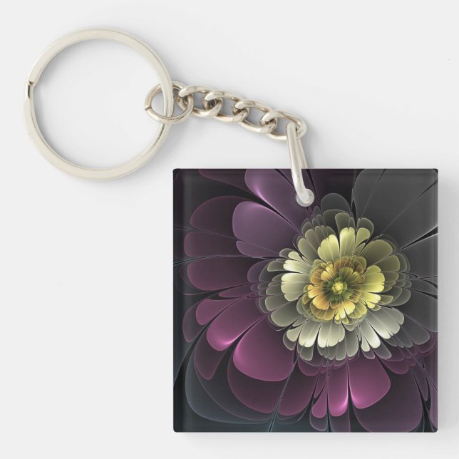 Abstract Modern Purpur Khaki Grey Fractal Flower Key Ring (Front)