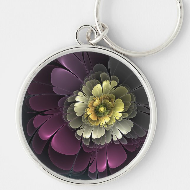 Abstract Modern Purpur Khaki Grey Fractal Flower Key Ring (Front)
