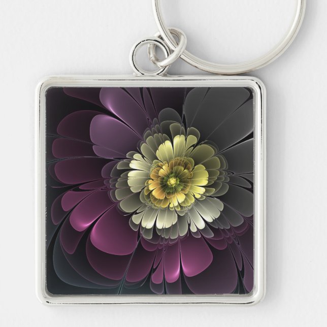 Abstract Modern Purpur Khaki Grey Fractal Flower Key Ring (Front)