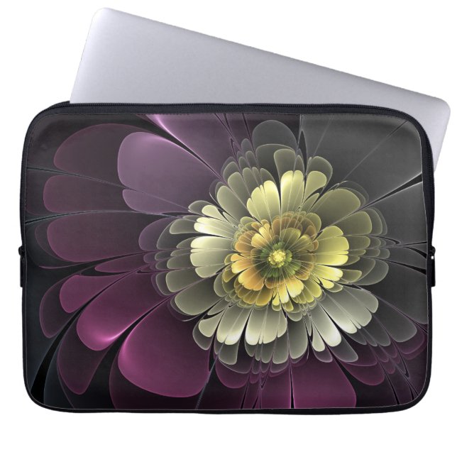 Abstract Modern Purpur Khaki Grey Fractal Flower Laptop Sleeve (Front)