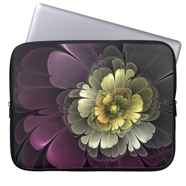Abstract Modern Purpur Khaki Grey Fractal Flower Laptop Sleeve (Front)