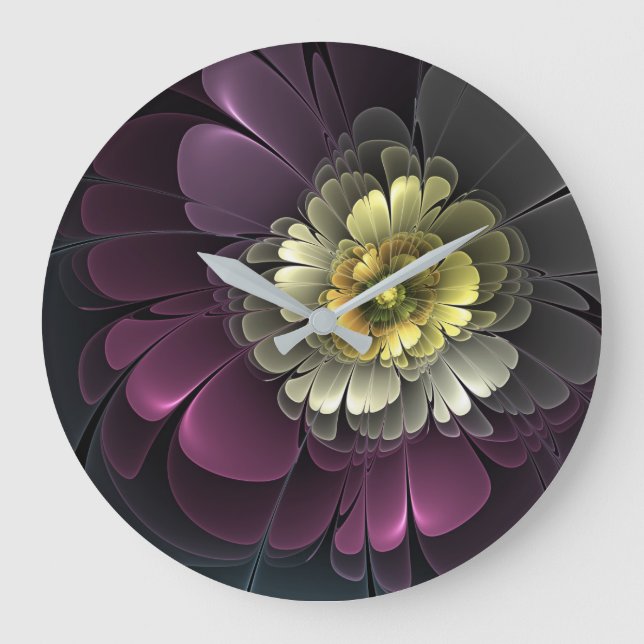Abstract Modern Purpur Khaki Grey Fractal Flower Large Clock (Front)