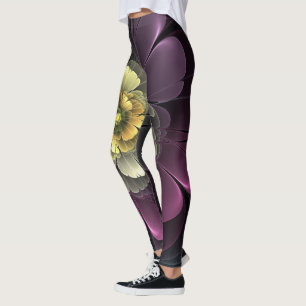 Abstract Modern Purpur Khaki Grey Fractal Flower Leggings