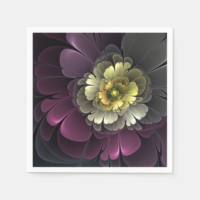 Abstract Modern Purpur Khaki Grey Fractal Flower Napkin (Front)