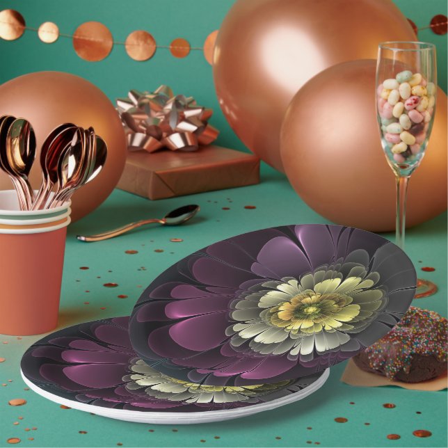 Abstract Modern Purpur Khaki Grey Fractal Flower Paper Plate (Multi)