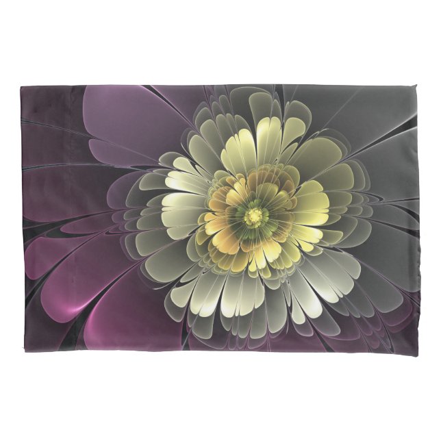 Abstract Modern Purpur Khaki Grey Fractal Flower Pillowcase (Front)