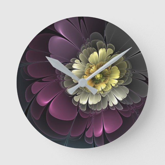 Abstract Modern Purpur Khaki Grey Fractal Flower Round Clock (Front)