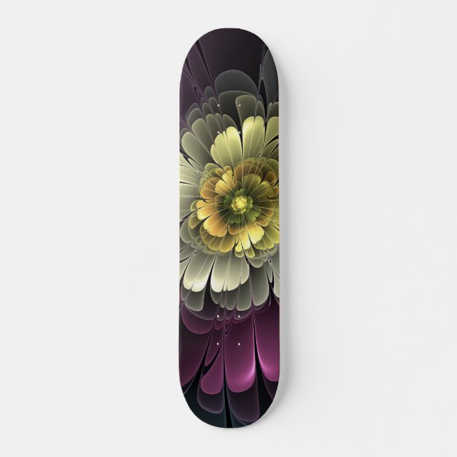 Abstract Modern Purpur Khaki Grey Fractal Flower Skateboard (Front)