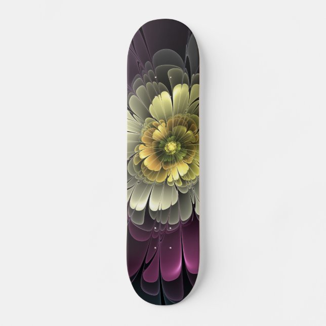 Abstract Modern Purpur Khaki Grey Fractal Flower Skateboard (Front)