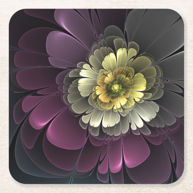 Abstract Modern Purpur Khaki Grey Fractal Flower Square Paper Coaster (Front)