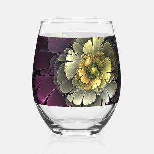 Abstract Modern Purpur Khaki Grey Fractal Flower Stemless Wine Glass