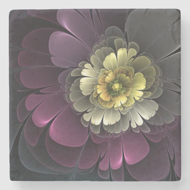 Abstract Modern Purpur Khaki Grey Fractal Flower Stone Coaster (Front)
