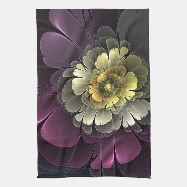 Abstract Modern Purpur Khaki Grey Fractal Flower Tea Towel (Vertical)