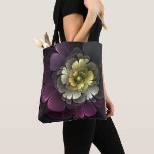 Abstract Modern Purpur Khaki Grey Fractal Flower Tote Bag