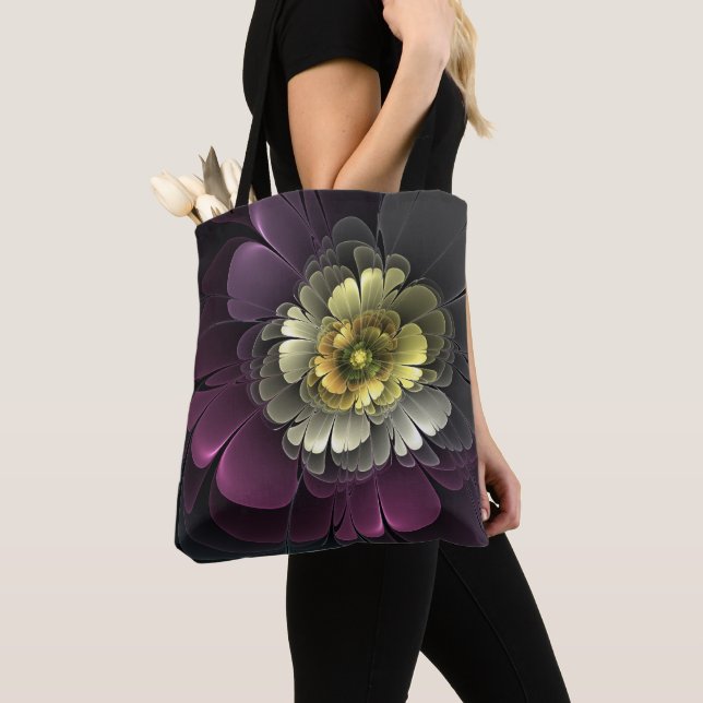 Abstract Modern Purpur Khaki Grey Fractal Flower Tote Bag (Close Up)