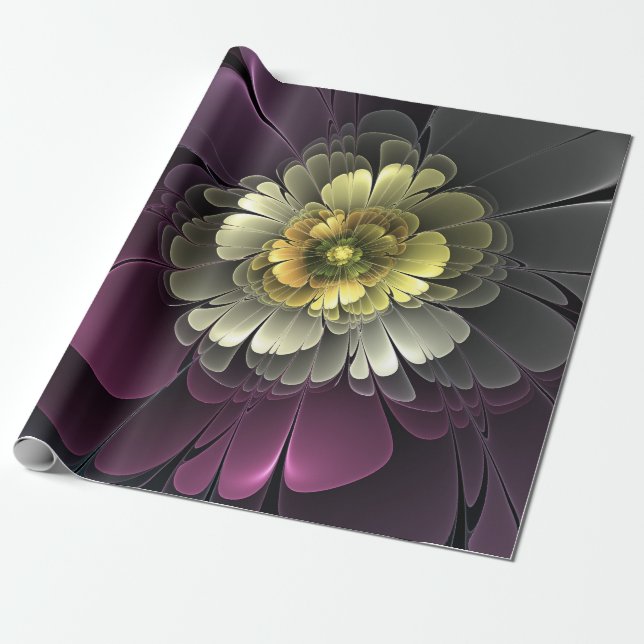 Abstract Modern Purpur Khaki Grey Fractal Flower Wrapping Paper (Unrolled)