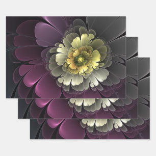 Abstract Modern Purpur Khaki Grey Fractal Flower Wrapping Paper Sheet