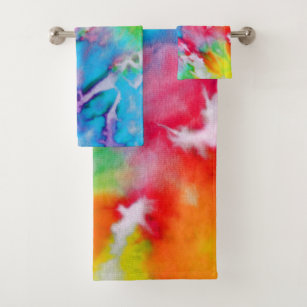 Abstract Modern Rainbow Watercolor Batik Tie Dye Bath Towel Set