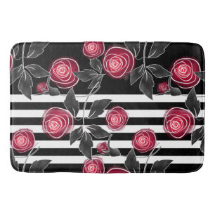 Abstract modern red roses leaves sketched flowers bath mat